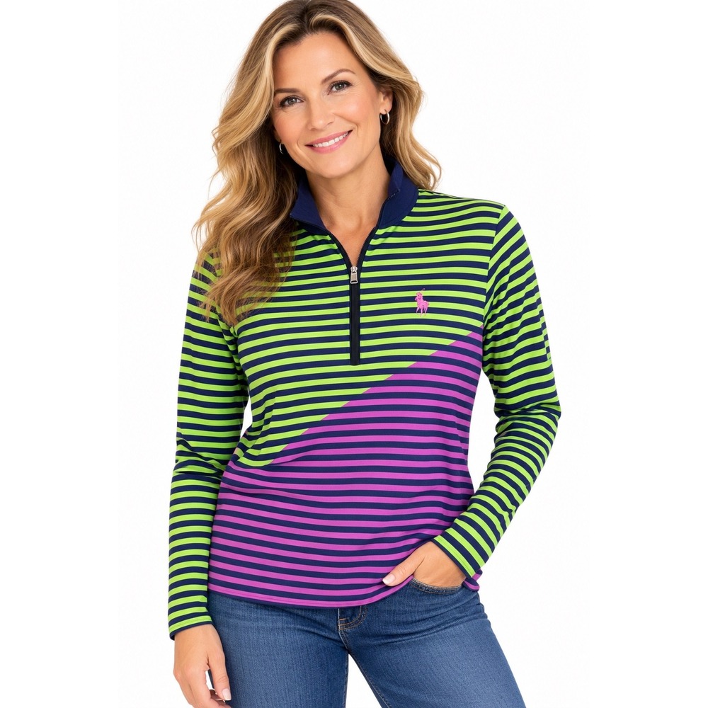 Polo Golf Ralph Lauren Small Navy Neon Green Striped 1/4 Zip Pullover Preppy